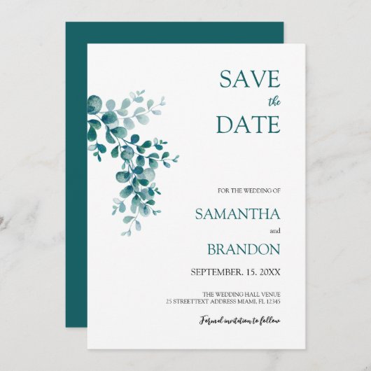 Minimalistische Eucalyptus Groene Loof Save The Date (Voorkant / Achterkant)