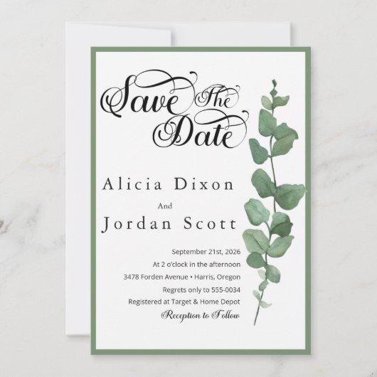 Minimalistische Eucalyptus Groene Save the Date Kaart (Voorkant)