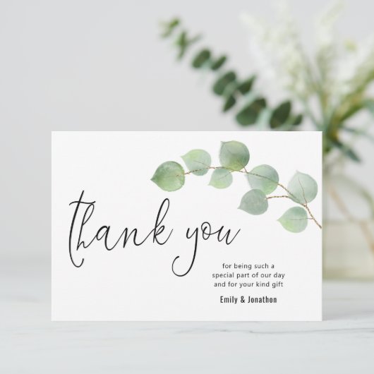 Minimalistische Eucalyptus Leaf Script Foto Bedankkaart (Staand voorkant)