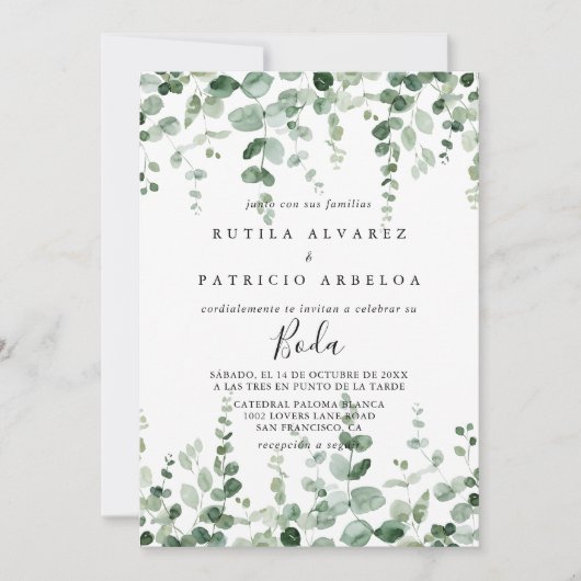 Minimalistische eucalyptus Spaanse bruiloft uitnod Kaart (Voorkant)