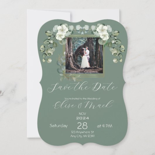Minimalistische Eucalyptus trouwfoto Save the Date Kaart (Voorkant)