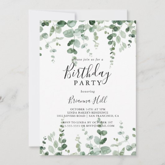 Minimalistische eucalyptus verjaardagsfeestuitnodi kaart (Voorkant)