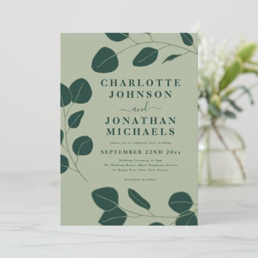 Minimalistische eucalyptus verlaat groene bruiloft kaart (Staand voorkant)