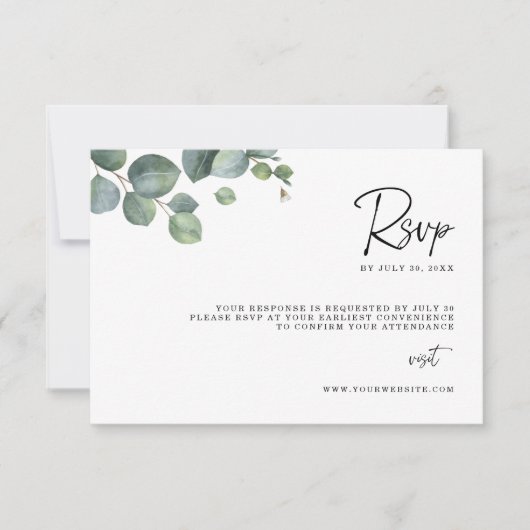 Minimalistische Eucalyptusbladeren RSVP Trouwkaart Save The Date (Voorkant)