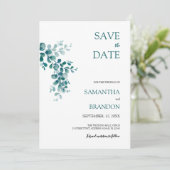 Minimalistische Eucalyptusgroen Blad Save The Date (Staand voorkant)