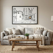 Minimalistische Europese straat illustratie poster