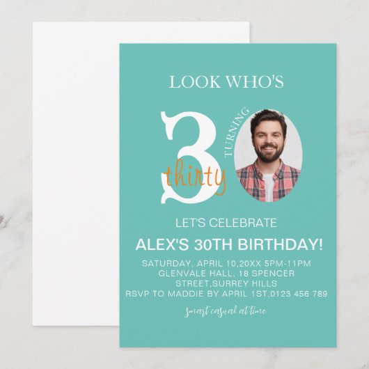 Minimalistische evite Verjaardag 30e, Mannen Digit Kaart (Voorkant / Achterkant)