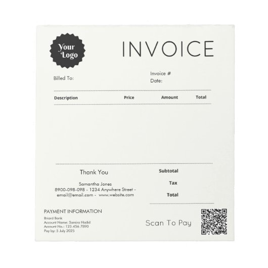 Minimalistische factuur verkoopbon kleine ondernem notitieblok (Voorkant)