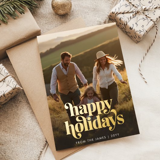 Minimalistische Familiefoto Kerstgoud Folie Feestdagenkaart