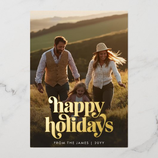 Minimalistische Familiefoto Kerstgoud Folie Feestdagenkaart (Voorkant)