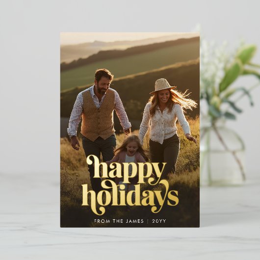 Minimalistische Familiefoto Kerstgoud Folie Feestdagenkaart (Staand Voorkant)