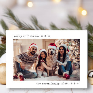 Minimalistische familiefoto met typemachine Vrolij Feestdagenkaart