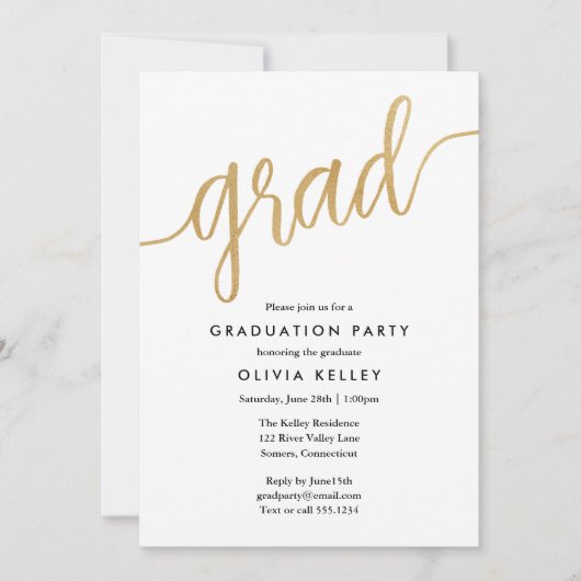 Minimalistische Faux Gold Foil Script Graduparty Kaart (Voorkant)