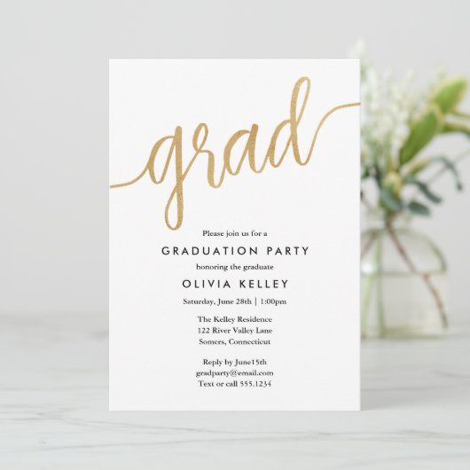 Minimalistische Faux Gold Foil Script Graduparty Kaart (Staand voorkant)