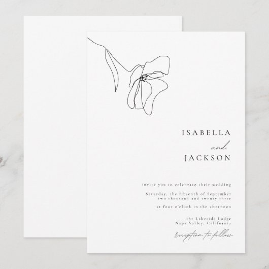 Minimalistische Floral Line Art bruiloft uitnodigi Kaart (Voorkant / Achterkant)