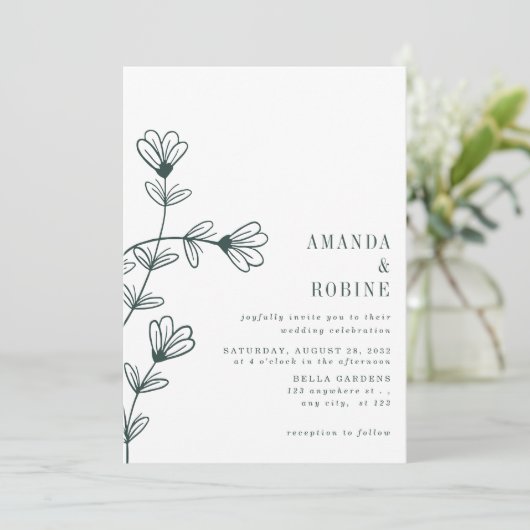 Minimalistische Floral Line Art bruiloft uitnodigi Kaart (Staand voorkant)