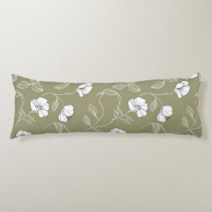 Minimalistische Floral White Line Art Olive Green Lichaamskussen
