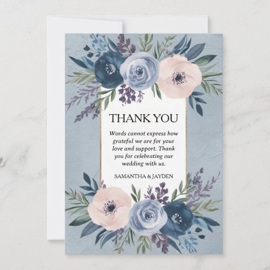 Minimalistische florale stoffige blauwe bruiloft bedankkaart (Voorkant)