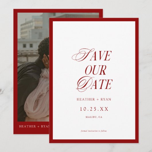 Minimalistische formele rode trouwfoto save the date (Voorkant / Achterkant)