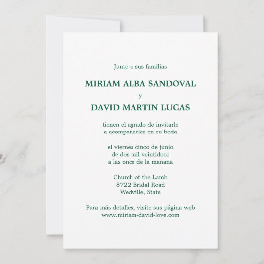 Minimalistische formele tweetalige groene bruiloft kaart (Achterkant)