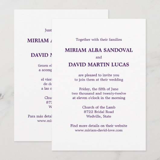 Minimalistische formele tweetalige Paarse bruiloft Kaart (Voorkant / Achterkant)