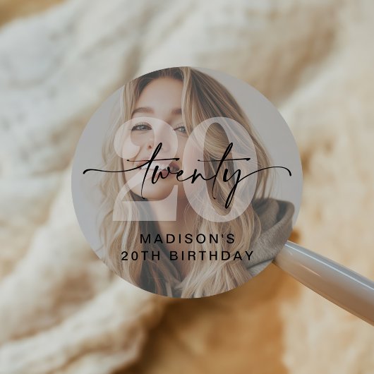 Minimalistische foto 20ste verjaardagsfeest ronde sticker
