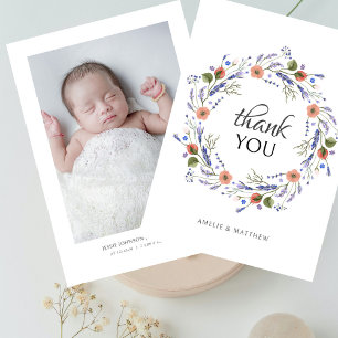 Minimalistische foto baby shower wilde bloemen bed bedankkaart