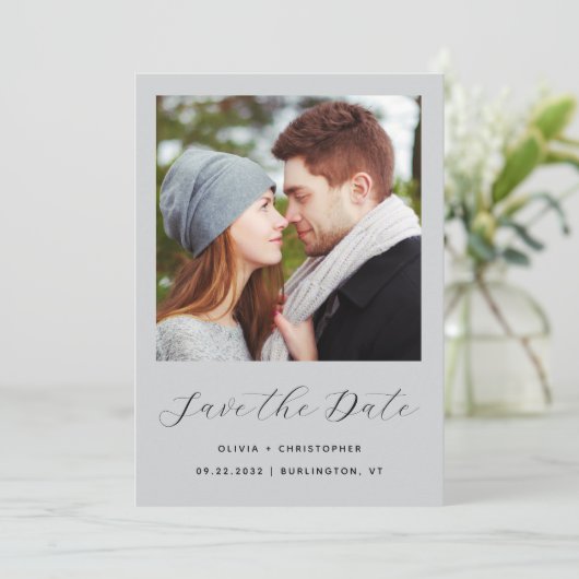 Minimalistische foto Bleke grijs script Save The Date (Staand voorkant)