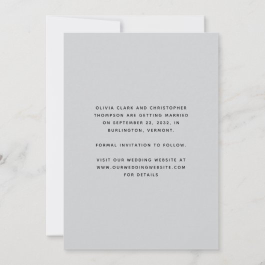 Minimalistische foto Bleke grijs script Save The Date (Achterkant)