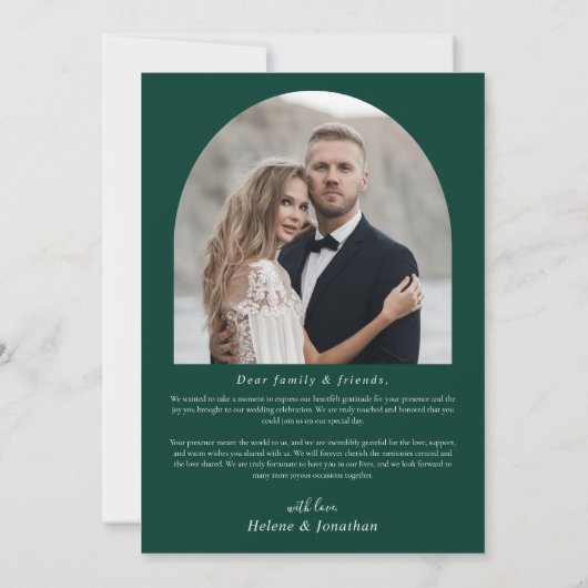 Minimalistische foto boog smaragd groene bruiloft bedankkaart (Achterkant)