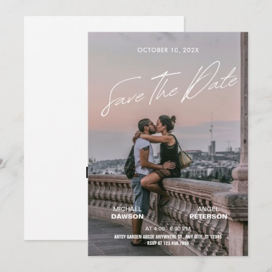 Minimalistische foto bruiloft backpacker film post save the date (Voorkant / Achterkant)