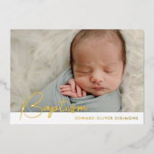 Minimalistische foto doop gouden folie uitnodiging (Voorkant)