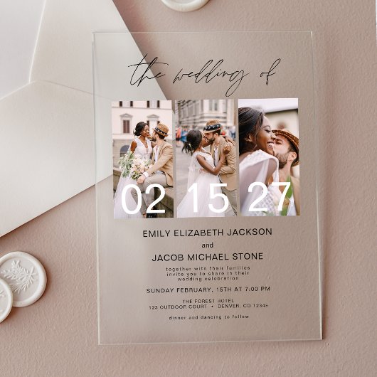 Minimalistische foto Elegant Modern Wedding 3 Foto Acryl Uitnodigingen