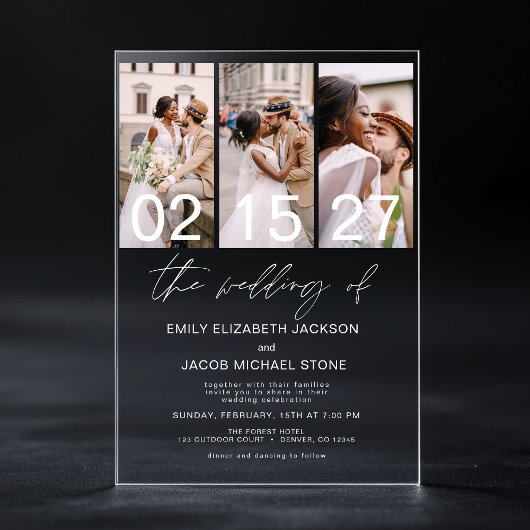 Minimalistische foto Elegant Modern Wedding 3 Foto Acryl Uitnodigingen