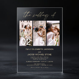 Minimalistische foto elegante moderne trouw 3 foto acryl uitnodigingen