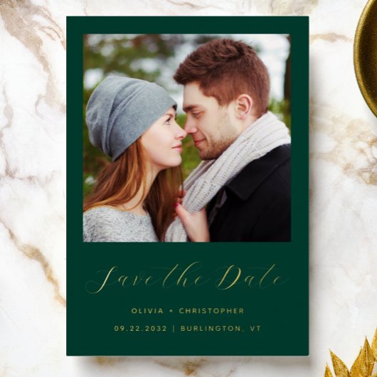 Minimalistische foto Emerald Green Gold Script Folie Uitnodiging