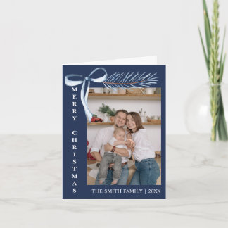 Minimalistische foto familie blauwe strik dennen t feestdagen kaart