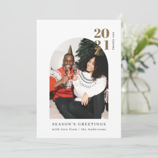 Minimalistische Foto Gold Arch Paar Kerstfeest Kaart (Staand voorkant)
