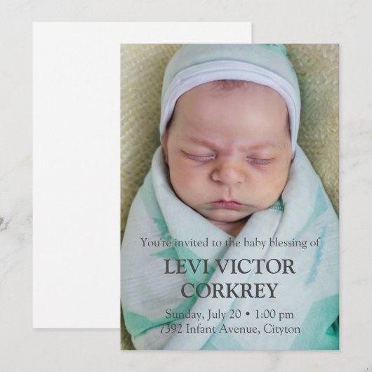 Minimalistische foto + Grijze tekst Baby zegen Kaart (Voorkant / Achterkant)