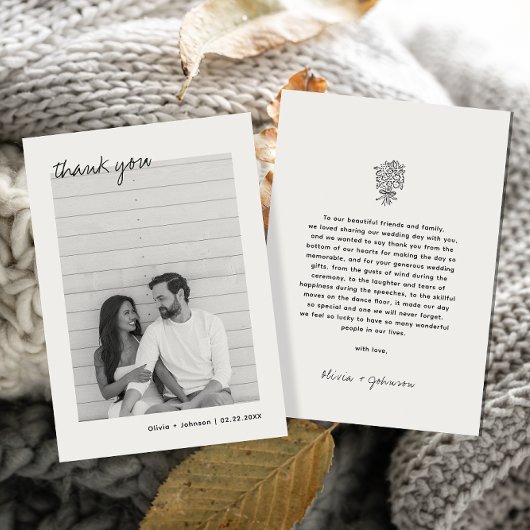 Minimalistische foto Hand getrokken boeket bruilof Bedankkaart