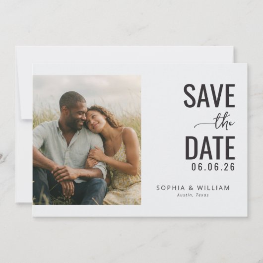 Minimalistische foto in anticiperend beige save the date (Voorkant)