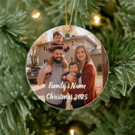 Minimalistische Foto Kerstmis 2025 Gepersonaliseer Keramisch Ornament
