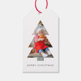 Minimalistische foto-kersttags met kerstboom-crop cadeaulabel