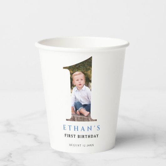 Minimalistische foto nummer 1 verjaardag papieren bekers (Voorkant)