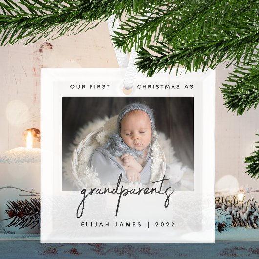 Minimalistische foto Ouders eerste kerstfeest Grij Glas Ornament