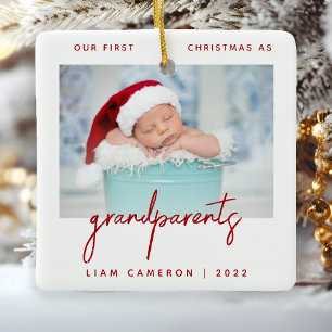 Minimalistische foto Ouders eerste kerstfeest Rood Keramisch Ornament