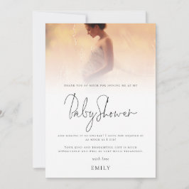 Minimalistische foto-overlay baby shower bedankje kaart