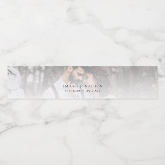 Minimalistische foto overlay namen datum bruiloft waterfles etiket (Enkel label)