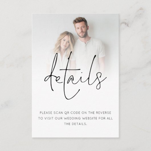 Minimalistische foto overlay QR-code bruiloft deta Informatiekaartje (Voorkant)