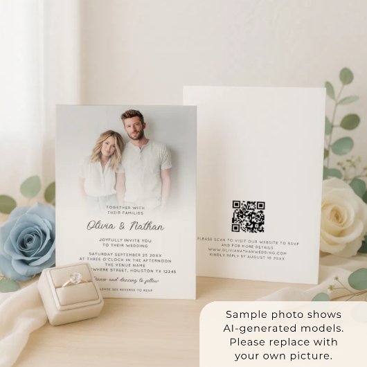 Minimalistische foto-overlay QR-code bruiloft Kaart